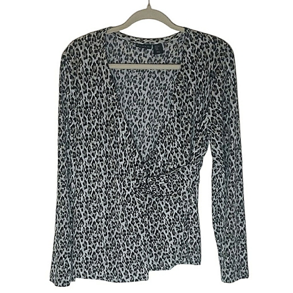 Tahari Leopard Print Wrap Top Long Sleeve V-neck Black White Brown Size XL - Picture 1 of 11